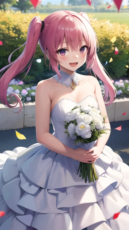 masterpiece, best quality, highres, aanana, long hair, twintails, wedding dress, white dress, garden, holding bouquet, smile, open mouth, confetti,