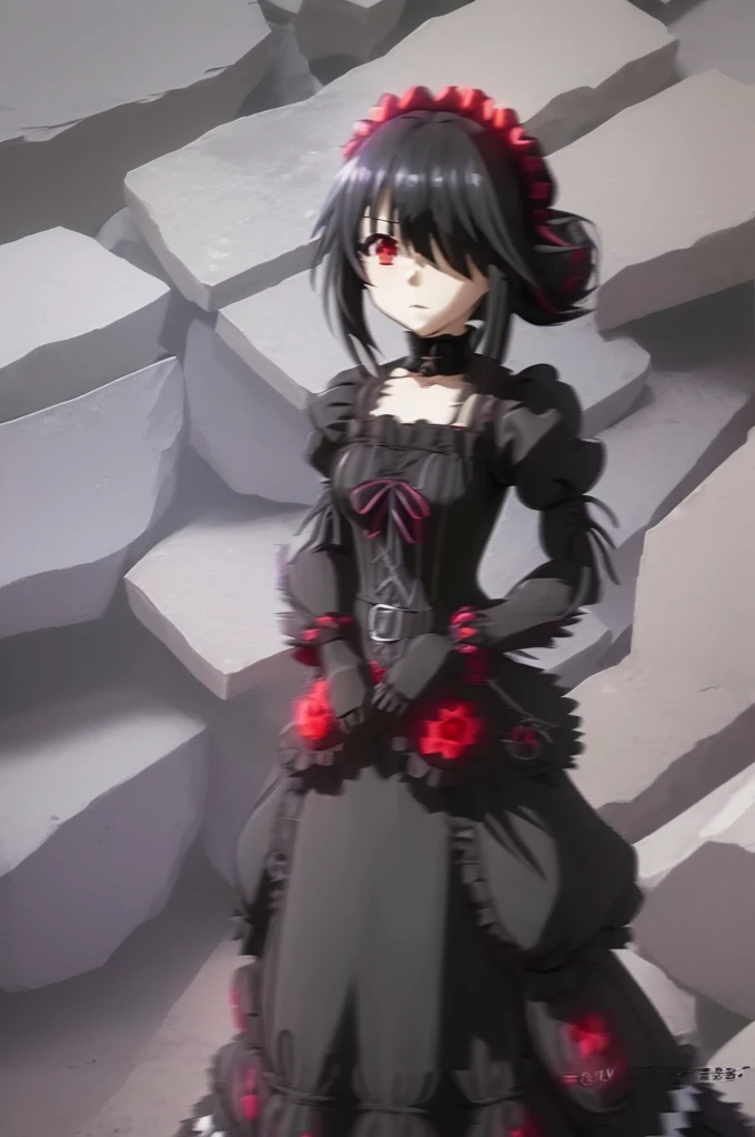 kurumi tokisaki casual, (tokisaki kurumi:1.2), long hair, black hair, (red eyes:1.3), long sleeves, dress, pantyhose, (hair over one eye:1.5), (black dress:1.5), black pantyhose, (puffy sleeves:1.5), choker, collarbone, skirt, black skirt, flowers, hair flowers, purple flowers, twintails, low twintails,