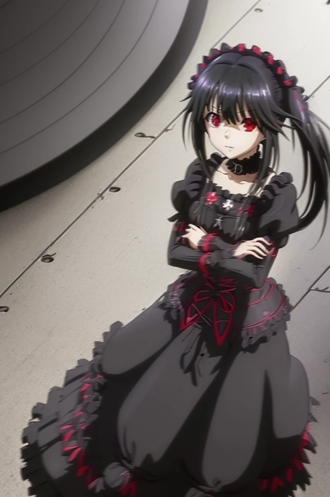 kurumi tokisaki casual, (tokisaki kurumi:1.2), long hair, black hair, (red eyes:1.3), long sleeves, dress, pantyhose, (hair over one eye:1.5), (black dress:1.5), black pantyhose, (puffy sleeves:1.5), choker, collarbone, skirt, black skirt, flowers, hair flowers, purple flowers, twintails, low twintails,