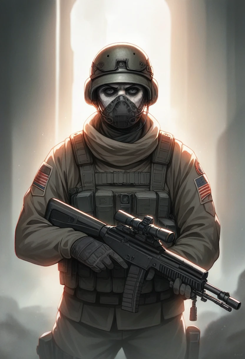 a highly detailed portrait of a cool and intense looking soldier from call of duty, holding a rifle, extremely detailed face and eyes, gritty military outfit, tactical gear, rugged environment, dramatic lighting, cinematic composition, muted color palette, photorealistic, 8k