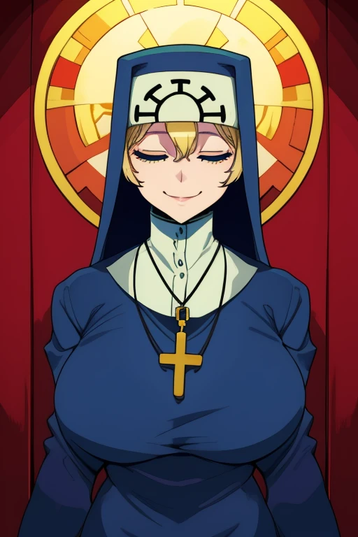 Double, short blonde hair, medium breasts, solo, smiling, cowboy shot, closed eyes, 
 blue habit, cross necklace ,long sleeves, nun, 
(insanely detailed, beautiful detailed face,beautiful detailed eyes, masterpiece, best quality) church,
   