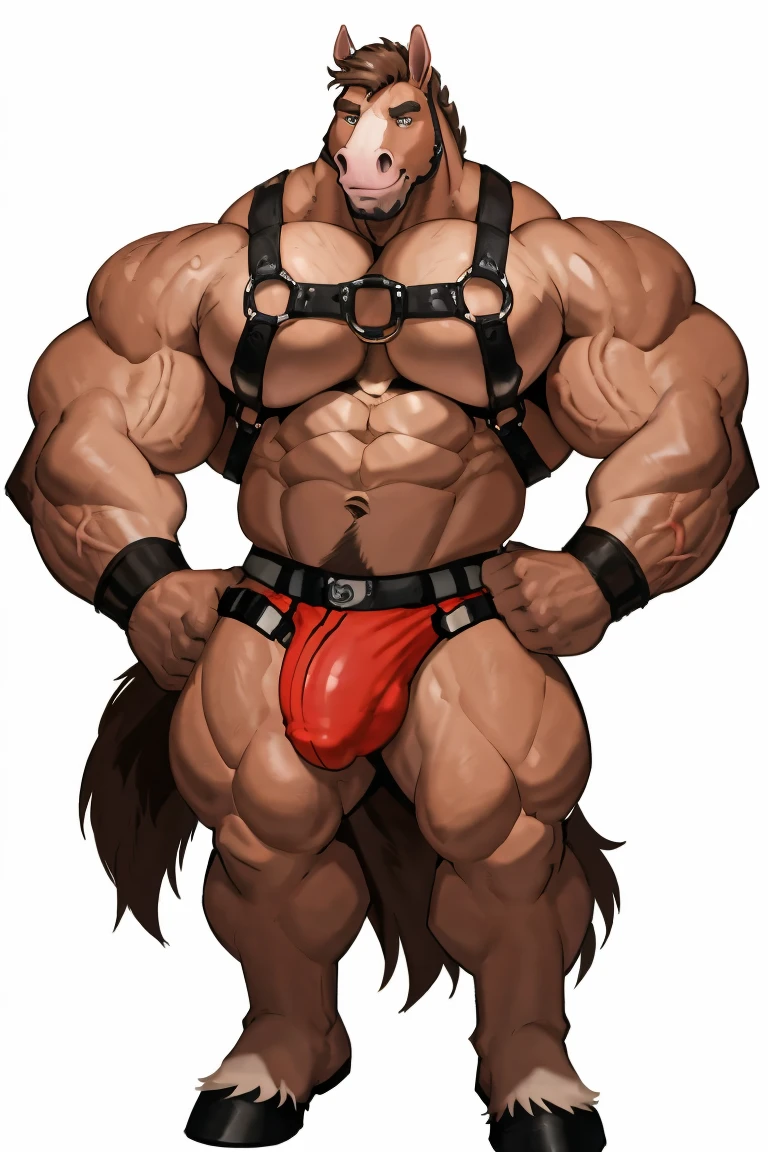 Horse man, exaggeratedly muscular, detailed eyes, prominent and dilated veins, alpha male, huge pecs (huge: 2.5), sensual expression, nicebulge, gayharness, sexy pose, full body, (white background).