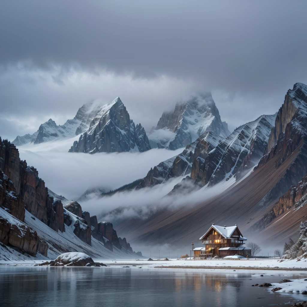 House in the sea ,in the background some mountains with snow in the chasm while the fog descends 