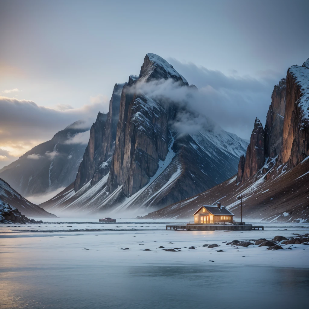 House in the sea ,in the background some mountains with snow in the chasm while the fog descends