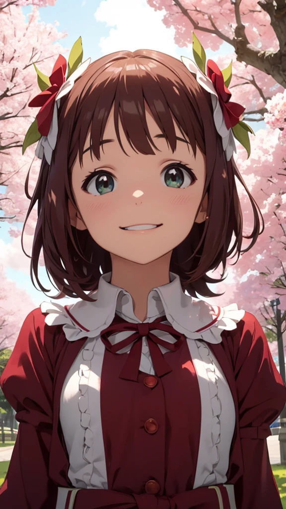 CG, Unity, 8K, wallpaper, Highest quality, masterpiece, Amami Haruka, (smile: 1.2), Clasp your hands and bring them in front of your chest, , Best lighting, Complex pupil, Complex weaving, Detailed Background, , Long sleeve, Small symmetrical ribbons on either side of the head, break, Under the cherry tree, Cherry blossom petals fluttering, (View from below: 1.1)