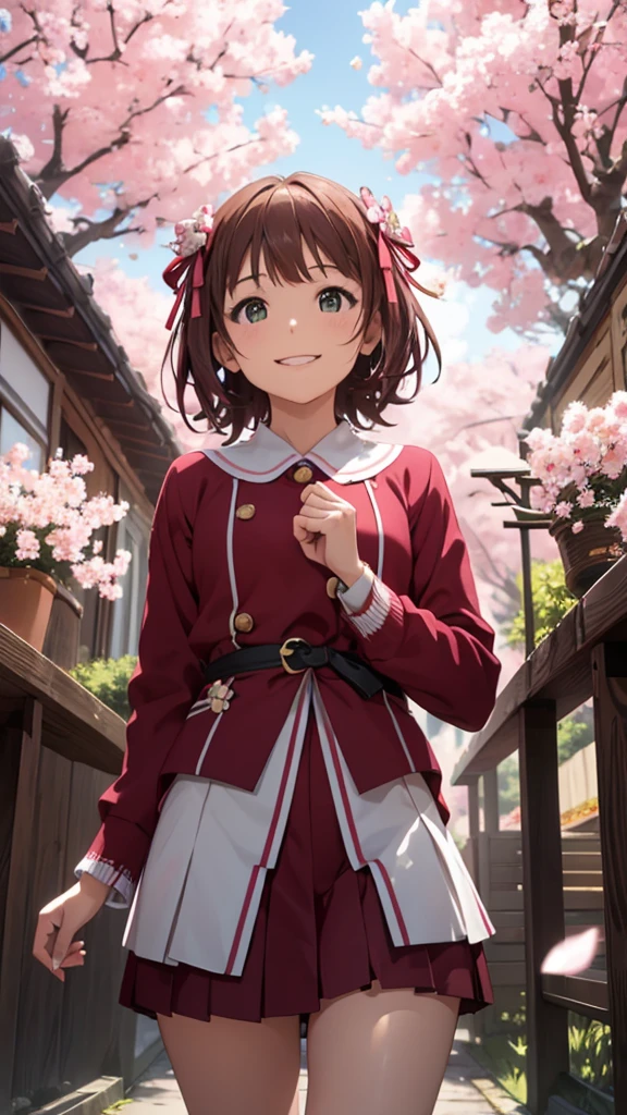 CG, Unity, 8K, wallpaper, Highest quality, masterpiece, Amami Haruka, (smile: 1.2), Clasp your hands and bring them in front of your chest, , Best lighting, Complex pupil, Complex weaving, Detailed Background, , Long sleeve, Small symmetrical ribbons on either side of the head, break, Under the cherry tree, Cherry blossom petals fluttering, (View from below: 1.1)