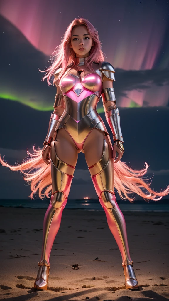 ((best quality)), ((masterpiece)), (ultra detailed lights), ((full body shot)), indonesian girl, extremely beautiful, ultra face details, 20 years old, ((pink curvy-hair)), ((hair blown by strong winds :1.3)), Award-winning photograph, photography of a girl, slim face, extremely beautiful, ultra details armor, ultra details skin, sharp armor texture, crisp picture, ((full make ups)), ((pink blushing)), ((red lips)), ((wearing tight steel-armor)), ((full body armor)), ((tight latex panty)), ((thighs armor)), ((slim body shape)), ((24k-gold armor)), no head cover, ((symmetrical body pose)), model posing in the middle, night at beach, full of stars, red clouds, nebula, ((aurora Borealis)), shooting stars, from below