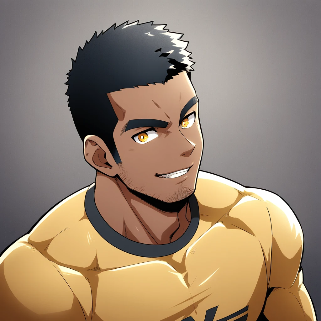 anime characters:Gyee, Young Muscle Sports Student, negro black skin, Buzz Cut, Manliness, male focus, Dark yellow long sleeve tight T-shirt, Slightly transparent texture, Very tight, Slightly transparent, muscular male, muscular, only, Upper body, alone, Black short hair, Thick eyebrows, stubble, Yellow eyes, Grey background, simple background, amazing quality, best aesthetics, Ridiculous, bright pupils, crew cut, parted lips, seductive smile, torogao, naughty face, best quality