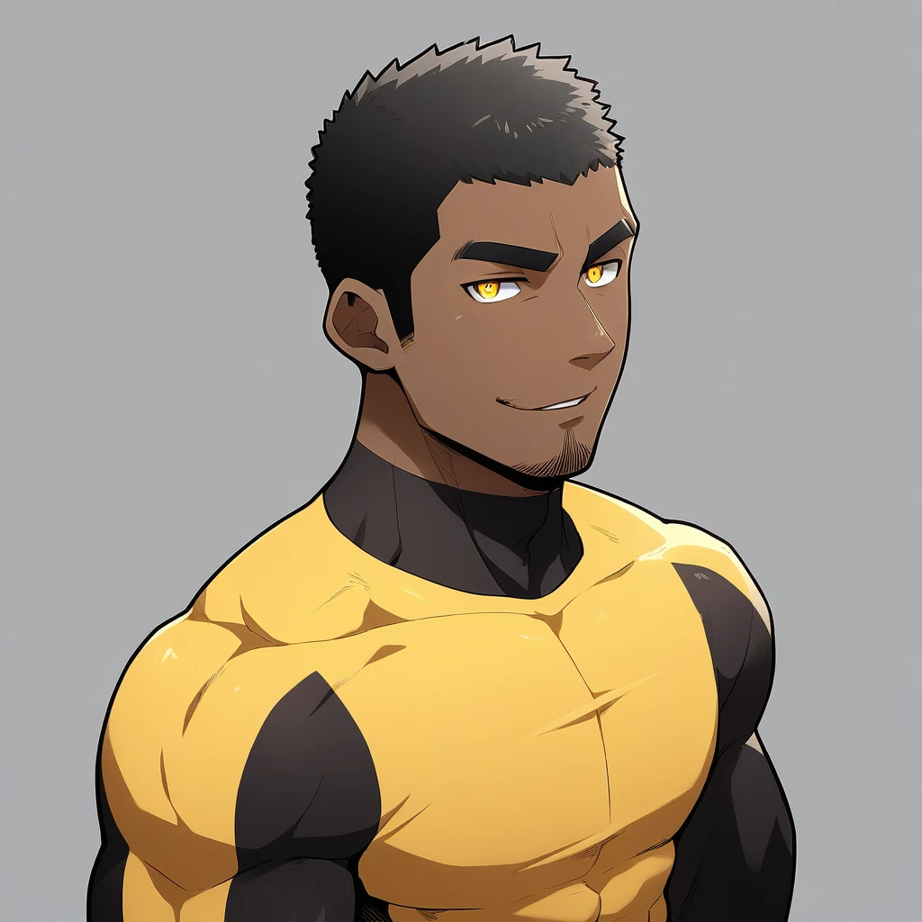 anime characters：Gyee, Young Muscle Sports Student, negro black skin, Buzz Cut, Manliness, male focus, Dark yellow long sleeve tight T-shirt, Slightly transparent texture, Very tight, Slightly transparent, muscular male, muscular, only, Upper body, alone, Black short hair, Thick eyebrows, stubble, Yellow eyes, Grey background, simple background, amazing quality, best aesthetics, Ridiculous, bright pupils, crew cut, parted lips, seductive smile, torogao, naughty face, best quality