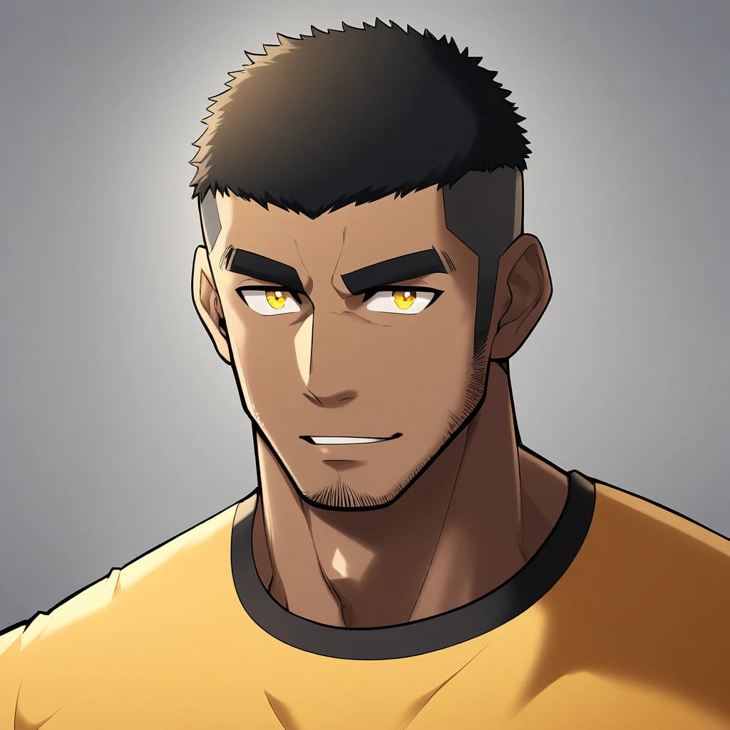 anime characters：Gyee, Young Muscle Sports Student,  black skin, Buzz Cut, Manliness, male focus, Dark yellow long sleeve tight T-shirt, Slightly transparent texture, Very tight, Slightly transparent, muscular male, muscular, only, Upper body, alone, Black short hair, Thick eyebrows, stubble, Yellow eyes, Grey background, simple background, amazing quality, best aesthetics, Ridiculous, bright pupils, crew cut, parted lips,  smile, torogao,  face, best quality