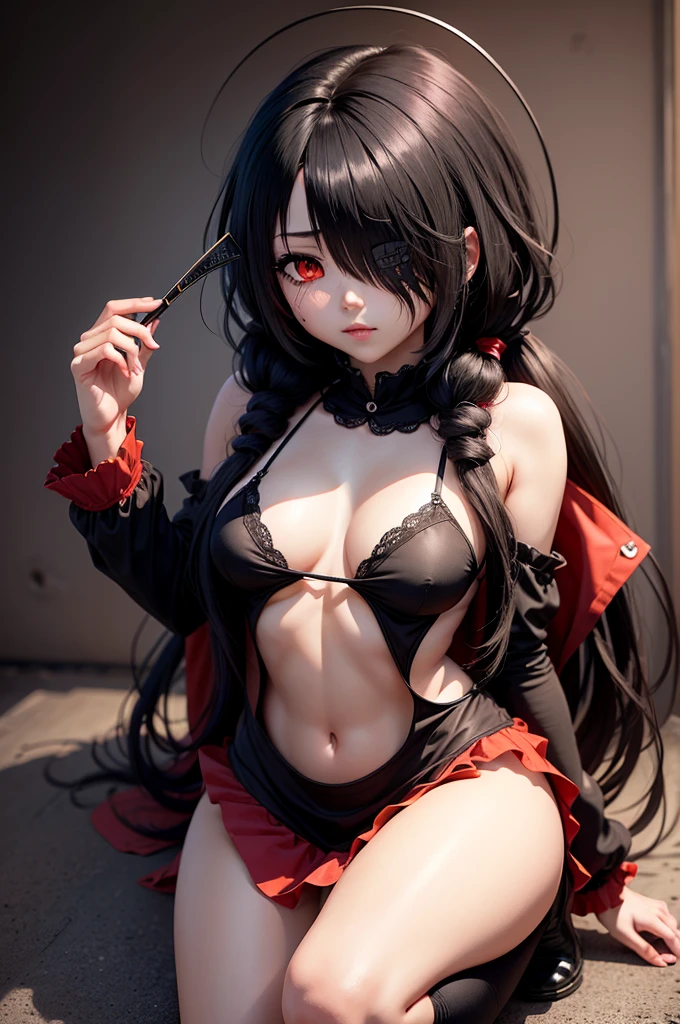 tokisaki kurumi, black hair, low twintails, (hair over one eye:1.5), (red eyes:1.2), (small breast:1.2),