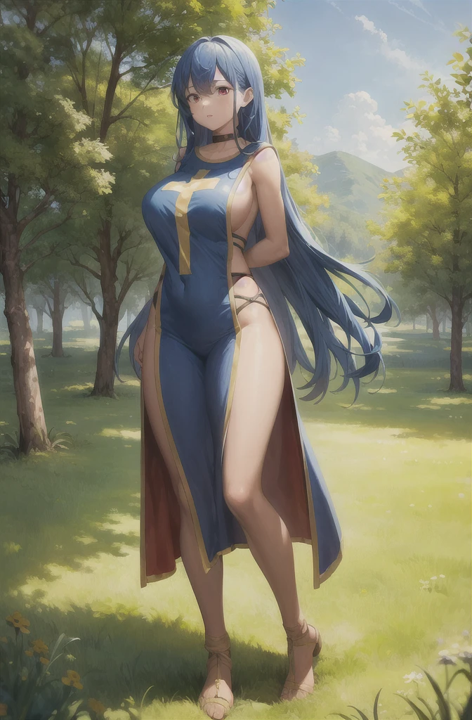 masterpiece, highest quality, 8K,Super detailed, figure, high brightness, (masterpiece, Highest quality:1.1), priest \(dq3\), One girl, alone, Long Hair, Blue Hair, Red eyes, Mitra, Tabard, Cross Print, Orange bodysuit, Elbow hand pockets, Large Breasts, nature, blue sky , full body, front view,