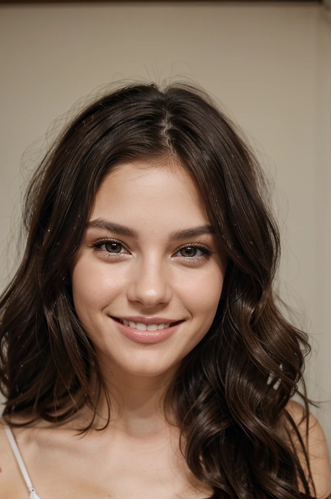 Create an influence brunette with dark eyes smiling wavy hair 