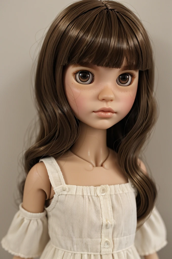 Blythe doll Skin-colored with bangs, light brown eyes, light brown hair slightly below the shoulders