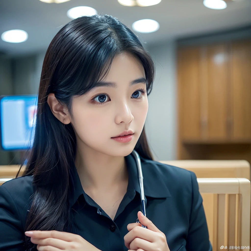 {2.5D art style} Han Julie is a young Korean woman in her 29s. Her hair is long in a dark-blue color.
Her face is oval and marked by her large brown eyes, which carry a cold, unexpressive face. Her skin is radiant and clear, presenting an impeccable state of health and her curved lips.
Her height is medium, her body athletic and defined, with the most charming and provocative. It contrasts and matches their personalities.
She is in her office at the company in the night lights wearing a black shirt and formal pants