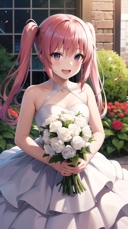 masterpiece, best quality, highres, aanana, long hair, twintails, wedding dress, white dress, garden, holding bouquet, smile, open mouth, confetti,