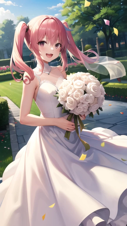 masterpiece, best quality, highres, aanana, long hair, twintails, wedding dress, white dress, garden, holding bouquet, smile, open mouth, confetti,