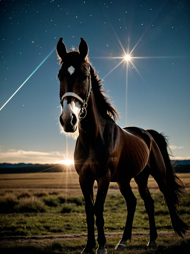 cinematic film still realistic, photorealistic, award winning photo , Long Shot, Female centaur equal to mythological creature, half human Latina woman with long black hair, athletic body. Half horse. Black in a lonely place with a sky full of stars, trying to reach the brightest star. cinematic shot + dynamic composition, incredibly detailed, sharpen, details + intricate detail + professional lighting, film lighting + 35mm + anamorphic + lightroom + cinematography + bokeh + lens flare + film grain + HDR10 + 8K + Roger Deakins, ((cinematic)) . shallow depth of field, vignette, highly detailed, high budget Hollywood movie, bokeh, cinemascope, moody, epic, gorgeous, film grain, grainy