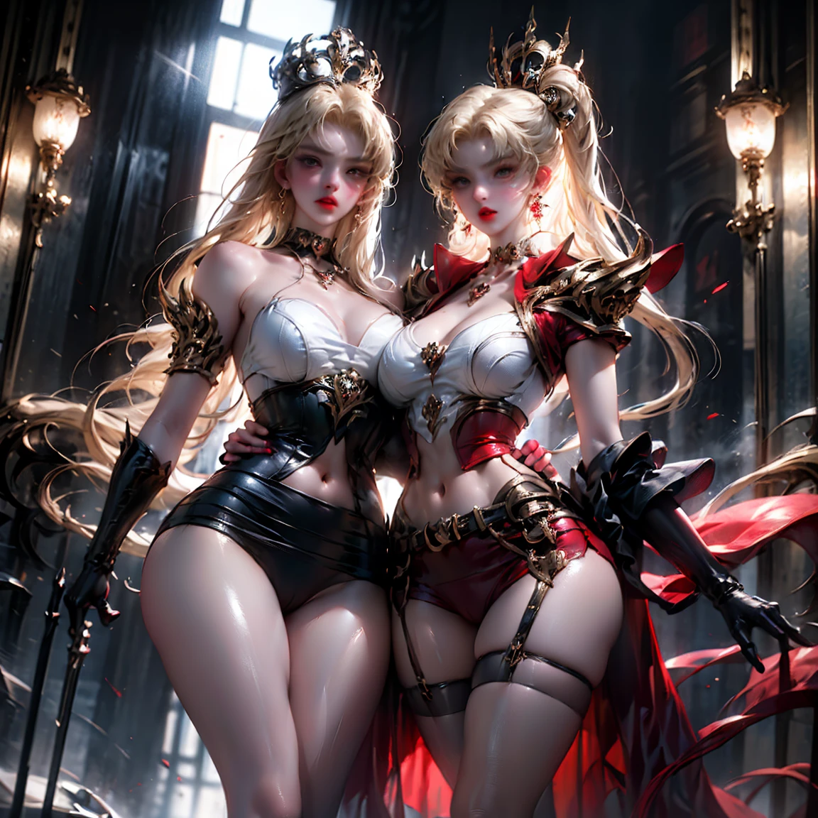 Ultra-clear,Super Resolution,Cute girl,Two girls close contact, 2 girls hugging,Two complete female bodies, Complete two female bodies, Female Love,Sexy, Off-shoulder, window, The rear window is backlit, (Rim Light), Deep understanding, lust, Very shy, ( Reflector lamp), Long legs and chest), Slim waist, Perfect body, Perfect hands, blond hair, purity, Red belt, Jewelry, necklace, Earrings and Nipple Rings, crown, bookshelf, teapot, Magic Items,Mirror,snake,Tentacles,Cthulhu,Mucus,occultism,Low-light photography, Hip chuck, Glowing skin, Almost no clothes, Lopez, Pretty face, Sexual arousal, Sexual Expression, Hazy Beauty, Camel toe, Anatomically correct, 全身Female Love, Slender legs and waist,Big breasts and thin waist: 2,Sharp focus,The bones are straight,Correct body anatomy,Perfect anatomy,Bigger breasts,Big breasts are beautiful,Big Breasts,Especially huge,Sexual Positions,Translucent clothing,High slit,Sexy bulge,Thin legs,Thin ankles,Dramatic lighting,Vibrant details,Red Eyeshadow,make up,Full lips,Red lips,BDSM, short hair,chiffon,Tight waistband,chiffon手套,see through:2.0,blush,淡粉色Camel toe,Sex slave,Lewd,bursting massive breasts, Sex addict,flush
