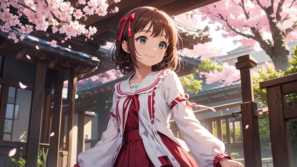 CG, Unity, 8K, wallpaper, Highest quality, masterpiece, Amami Haruka, (smile: 1.2), Clasp your hands and bring them in front of your chest, , Best lighting, Complex pupil, Complex weaving, Detailed Background, , Long sleeve, Small symmetrical ribbons on either side of the head, break, Under the cherry tree, Cherry blossom petals fluttering, (View from below: 1.1)
