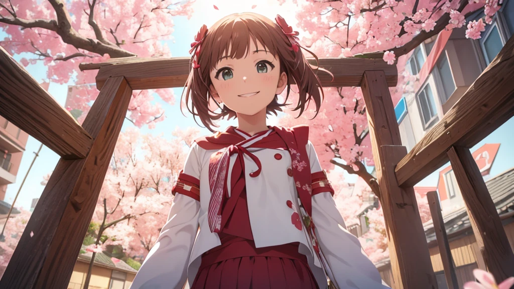 CG, Unity, 8K, wallpaper, Highest quality, masterpiece, Amami Haruka, (smile: 1.2), Clasp your hands and bring them in front of your chest, , Best lighting, Complex pupil, Complex weaving, Detailed Background, , Long sleeve, Small symmetrical ribbons on either side of the head, break, Under the cherry tree, Cherry blossom petals fluttering, (View from below: 1.1)