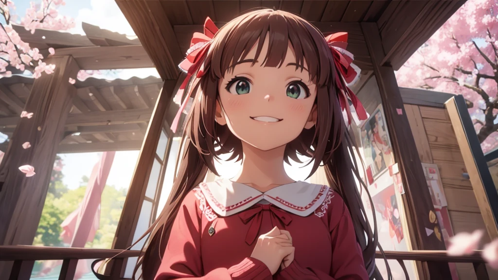 CG, Unity, 8K, wallpaper, Highest quality, masterpiece, Amami Haruka, (smile: 1.2), Clasp your hands and bring them in front of your chest, , Best lighting, Complex pupil, Complex weaving, Detailed Background, , Long sleeve, Small symmetrical ribbons on either side of the head, break, Under the cherry tree, Cherry blossom petals fluttering, (View from below: 1.1)