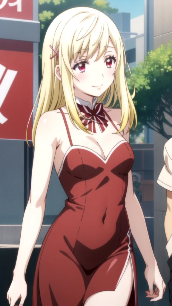 araffe in a vestido rojo posing for a picture in a city, vestido apretado, sexy vestido rojo, red vestido corto, vestido sexy, vestido rojo, in a vestido rojo, wearing vestido rojo, succubus in tight vestido corto, wearing a vestido rojo, ava max, al rojo vivo, vestimenta ajustada, cuerpo completo! cara bonita, vestido corto, con pelo largo y rubio yamada_yellow, 1chica , by rubio, alone, wide, hair ornament, , smile, bow, red eyes my dress darling anime, beautiful seductress anime