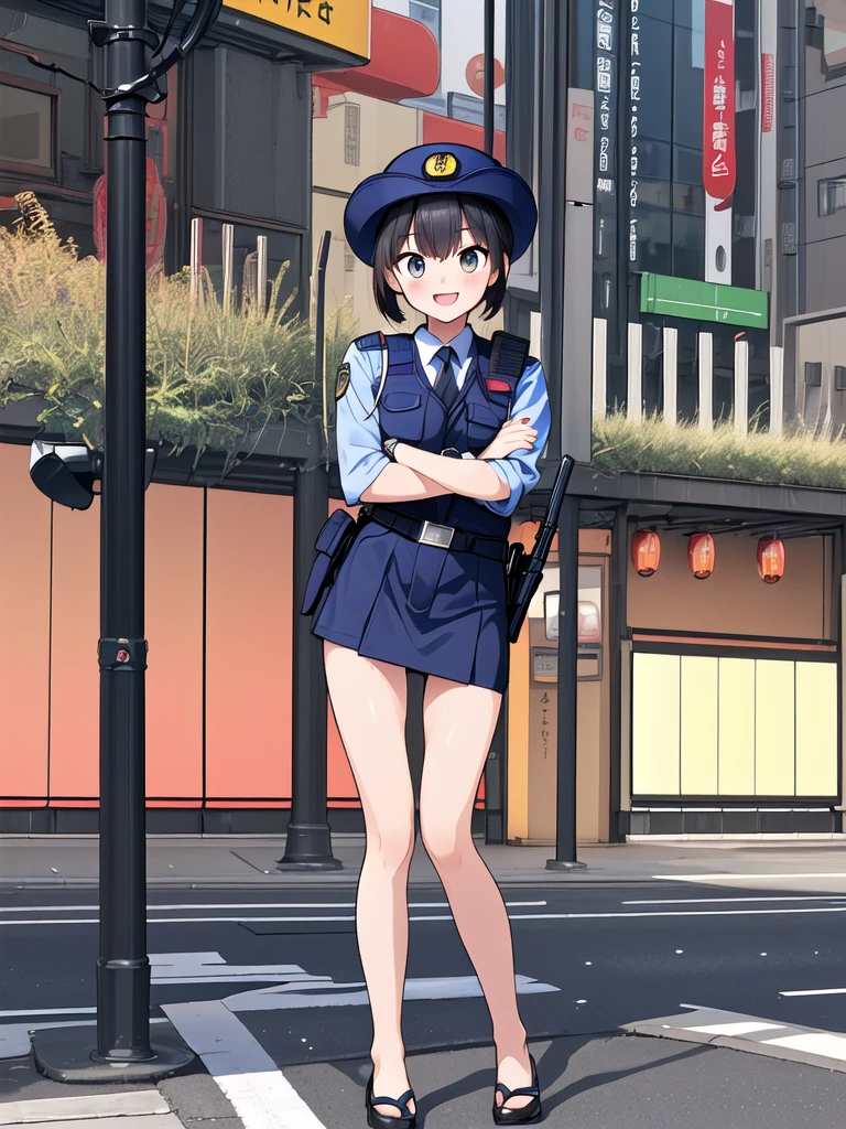 highest quality, masterpiece, 8k, ultra high resolution, (photorealistic:1.4), one girl, beautiful expression, symmetrical eyes, perfect body proportions, look at the viewer, long legs (1.3), full body, street, Japanese-police, police uniform, policewoman, one woman, skirt, miniskirt, smile, laugh, gun