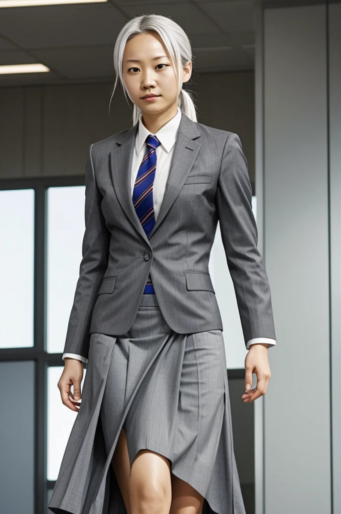Senku Ishigami wearing a secretary suit with a gray skirt