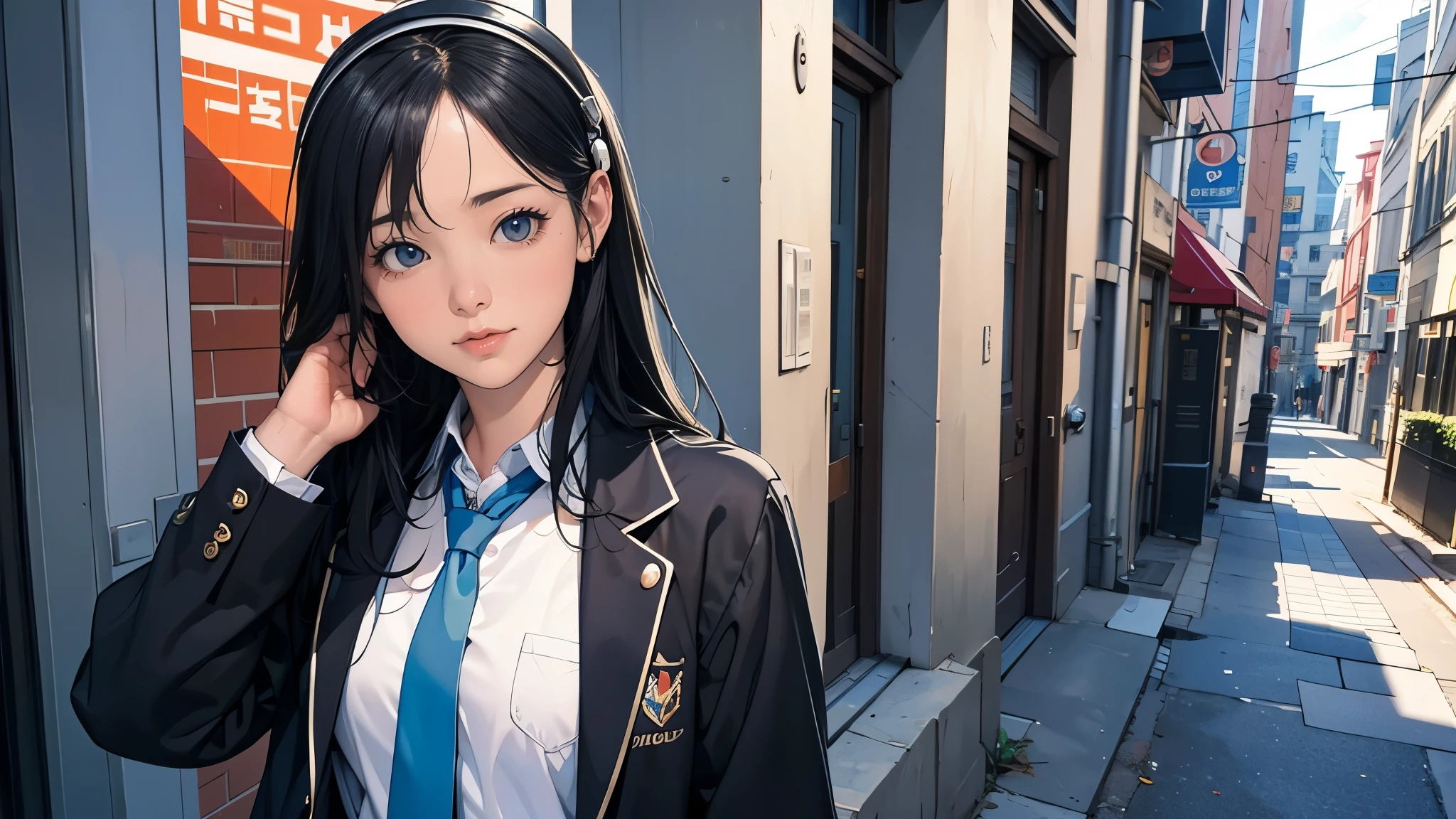 ultra HD、super high quality、masterpiece、detailed、8K、The location is on a quiet city street、Schoolgirl１Person listening to music on headphones、-yeld juussian has long black hair.、Has blue eyes、Has a glamorous figure、The clothes she&#39;s wearing are one-piece dresses.、Pretty sexy、Nostalgic and relaxing atmosphere、Midnight、Holding an umbrella、Rainy season、downpour、A business district lined with glittering neon buildings,evening、He has his hands on his headphones and his eyes closed、Retrospective color tone、A street with a retro atmosphere、evening、Junior School