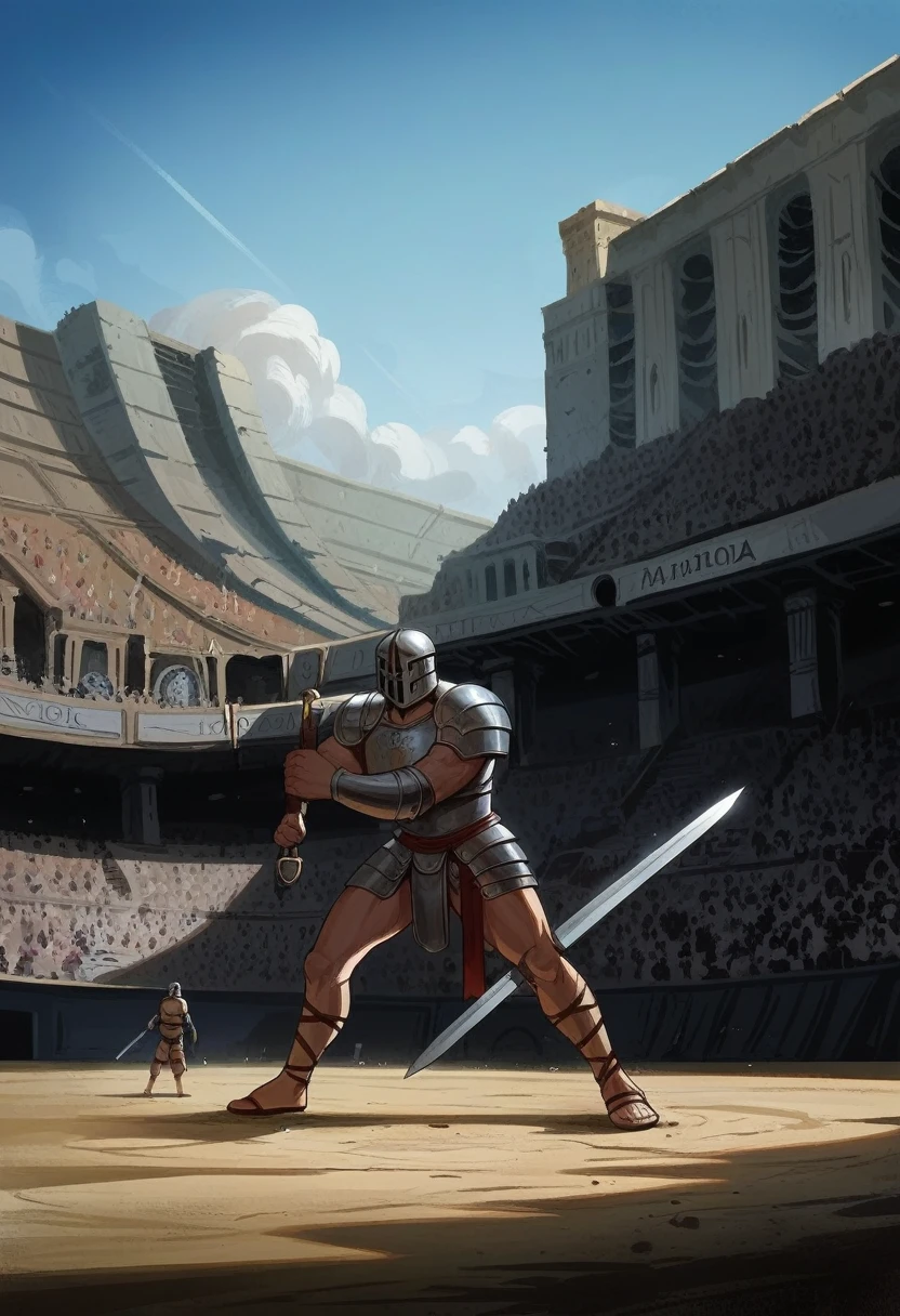 arafed man in armor holding a sword and a sword in a stadium, in a gladiators arena landscape, gladiator, roman gladiator, gladiator wearing space suit, in screenshot from the 300 movie, in a coliseum, still from a live action movie, henry cavill as a warrior, lorica segmentata, standing in an arena, stunning vfx, gladiator armor