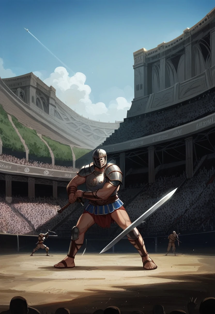 arafed man in armor holding a sword and a sword in a stadium, in a gladiators arena landscape, gladiator, roman gladiator, gladiator wearing space suit, in screenshot from the 300 movie, in a coliseum, still from a live action movie, henry cavill as a warrior, lorica segmentata, standing in an arena, stunning vfx, gladiator armor