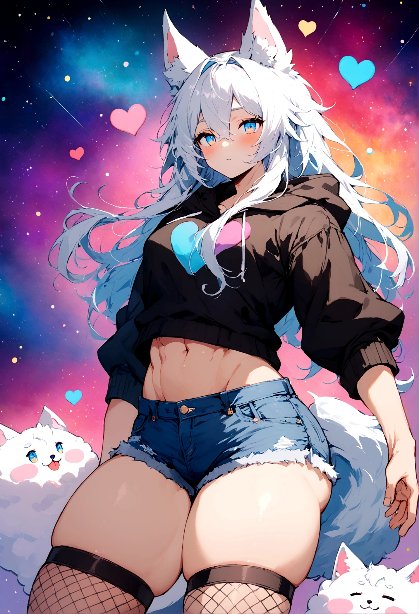 a cute adult male with wolf ears, long white hair, long locks, has a wolf tail, wearing a loose cropped black hoodie, wearing a pair of denim short shorts and fishnet stockings, thick thighs, wide hips, relaxing on mound of fluffy multi colored kawaii plushies, short, very slim, showing slender tummy, heart on hoodie, squishy thighs, has glowing blue eyes. alone, solo (ALONE)(SOLO), colorful galaxy backround, has abs