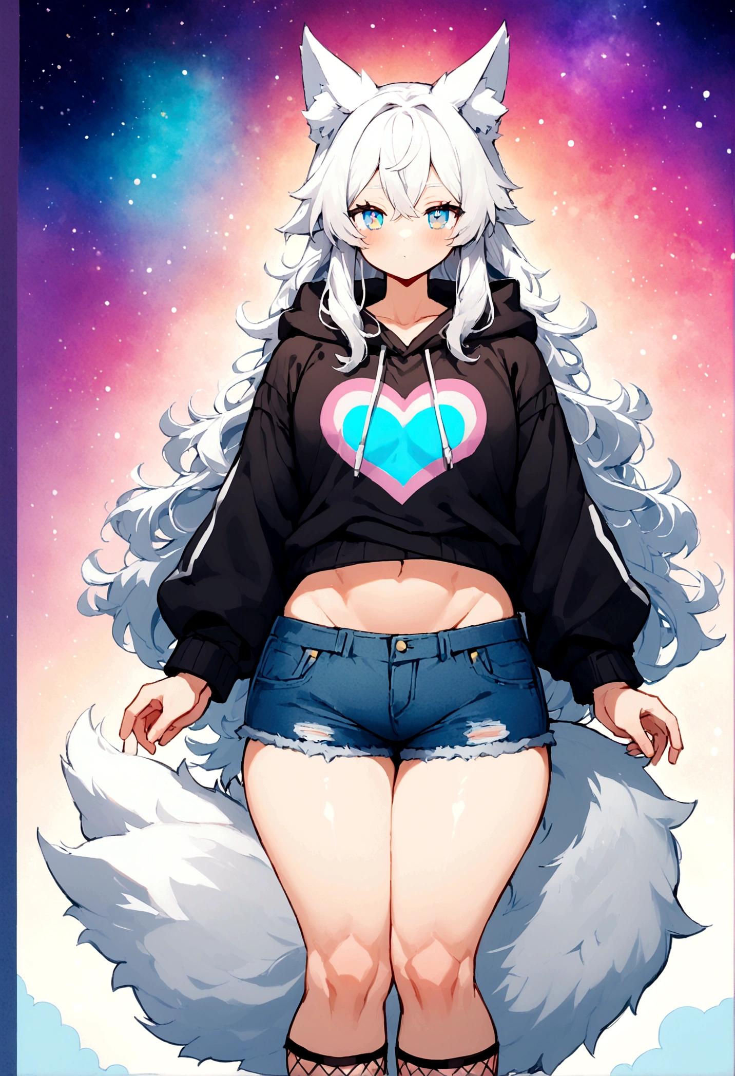 a cute adult male with wolf ears, long white hair, long locks, has a wolf tail, wearing a loose cropped black hoodie, wearing a pair of denim short shorts and fishnet stockings, thick thighs, wide hips, relaxing on mound of fluffy multi colored kawaii plushies, short, very slim, showing slender tummy, heart on hoodie, squishy thighs, has glowing blue eyes. alone, solo (ALONE)(SOLO), colorful galaxy backround, has abs