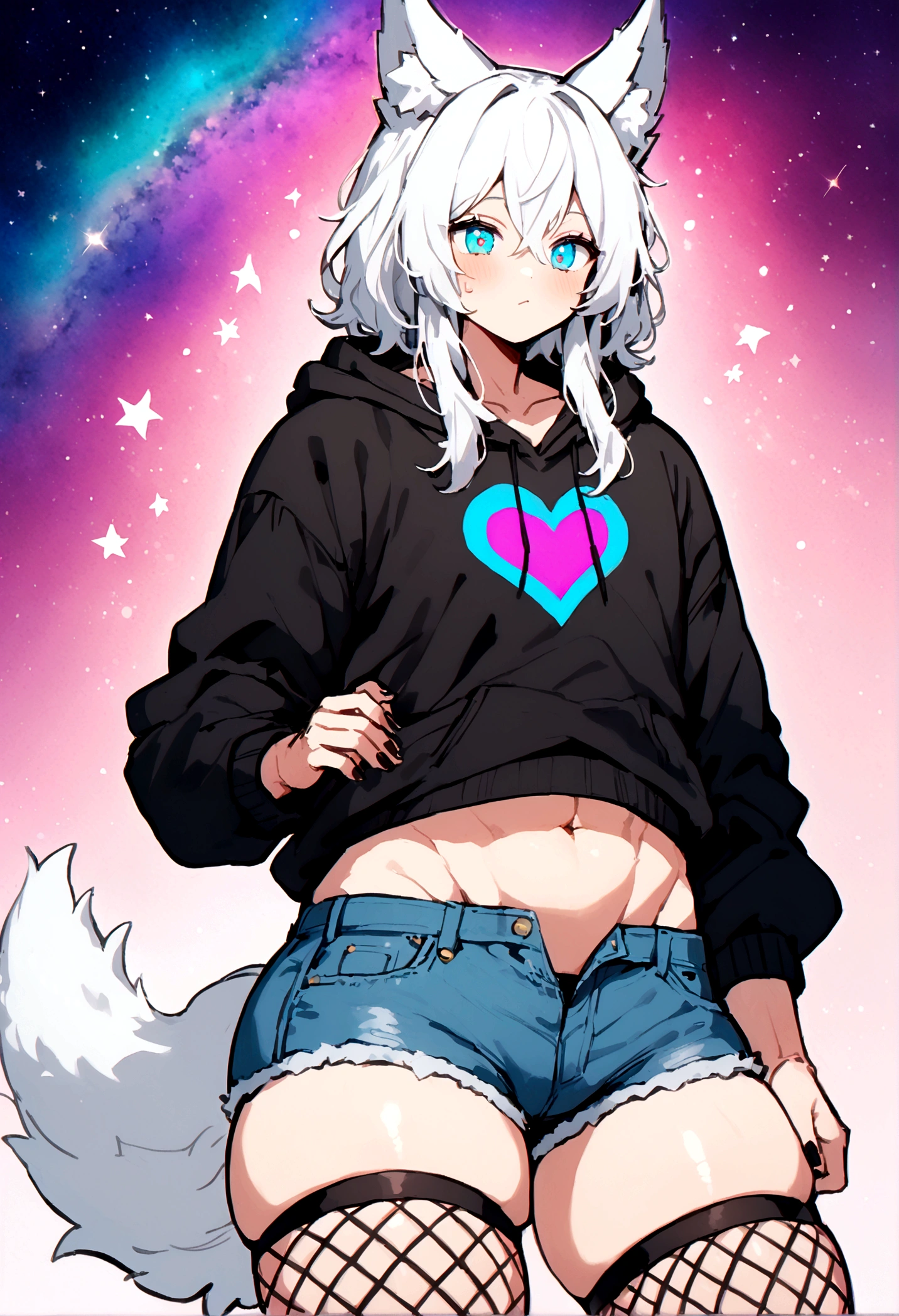 a cute adult male with wolf ears, long white hair, long locks, has a wolf tail, wearing a loose cropped black hoodie, wearing a pair of denim short shorts and fishnet stockings, thick thighs, wide hips, relaxing on mound of fluffy multi colored kawaii plushies, short, very slim, showing slender tummy, heart on hoodie, squishy thighs, has glowing blue eyes. alone, solo (ALONE)(SOLO), colorful galaxy backround, has abs