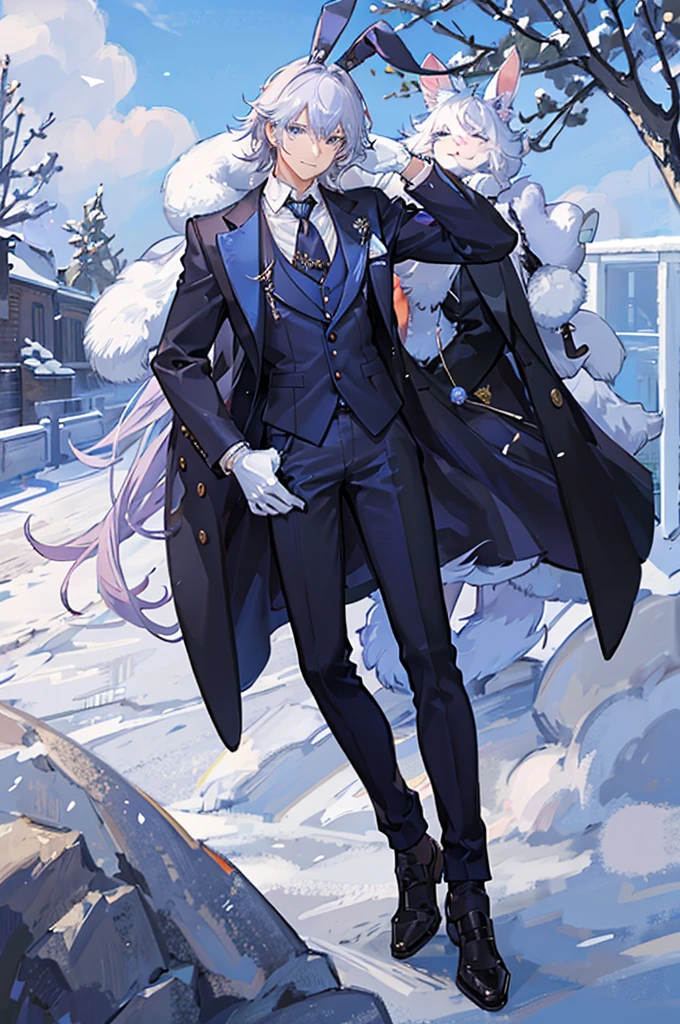 1 girl, medium breasts, pink fur, wide, blue eyes, blue pupil, blue eyelid, smiling, Wizard hat, rabbit ears, white rabbit ears, collar, collar negro, elegant suit, elegant suit masculino, White shirt, white gloves, pants, pants negro, Men&#39;s elegant shoes, rabbit tail, Magic Stage, rabbits, They lived (Come on), They lived fundamental paper education, Come on, cute girl, high quality, Best Quality, THIS, Masterpiece, high quality details, Xd