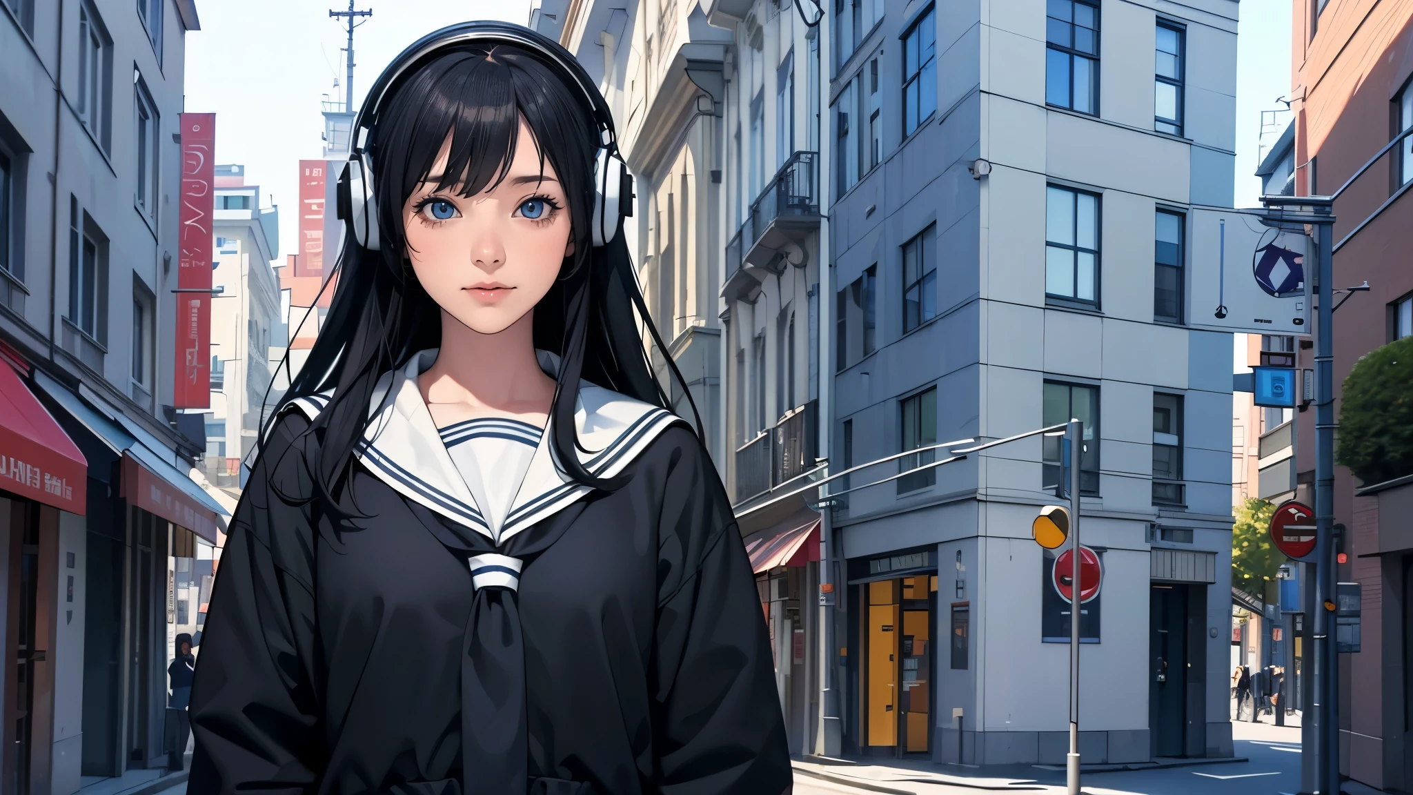 ultra HD、super high quality、masterpiece、detailed、8K、The location is on a quiet city street、Schoolgirl１Person listening to music on headphones、13-year-old junior high school student、The Russian has long black hair.、Has blue eyes、Has a glamorous figure、The clothes she&#39;s wearing are one-piece dresses.、Pretty sexy、Nostalgic and relaxing atmosphere、Midnight、Holding an umbrella、Rainy season、downpour、A business district lined with glittering neon buildings,evening、He has his hands on his headphones and his eyes closed、Retrospective color tone、A street with a retro atmosphere、evening、Junior School