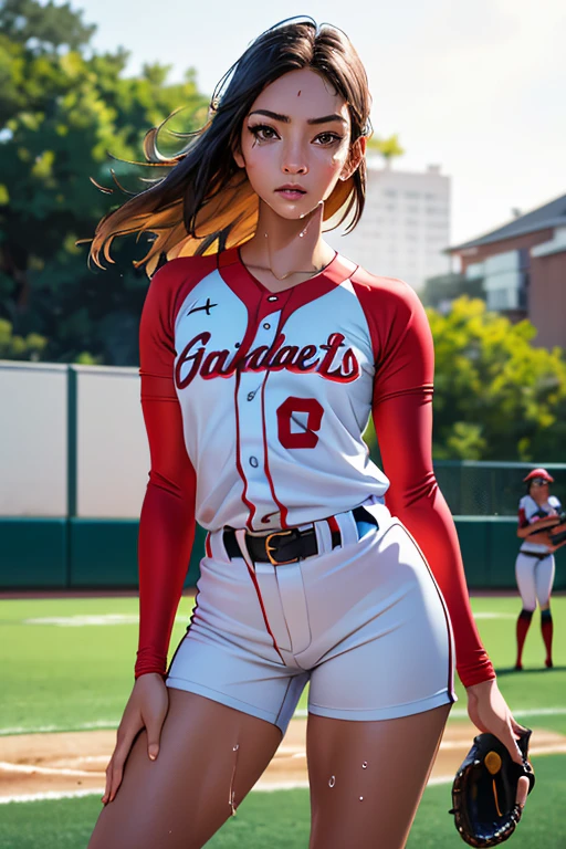 (Highest quality,8K,High resolution,Masseter region:1.2),Very detailed,Realistic:1.37,Portraiture,Dynamic Angle,Women's Softball Players, Girl,Small Head,cute,sporty,Attractive face,Beautiful face with attention to detail,Extremely realistic skin,Wet Skin,Sweat,Large Breasts,Tight waist,Beautiful feet ,sporty,Softball Venues,Cinema Lighting,hot pants, From head to toe 