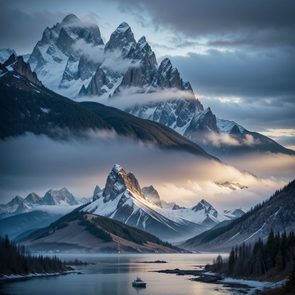 intricate detailed landscape, beautiful serene seaside villa, dramatic mountainous background, snow-capped peaks, misty atmosphere, cinematic lighting, vibrant colors, photorealistic, 8k, best quality, masterpiece
