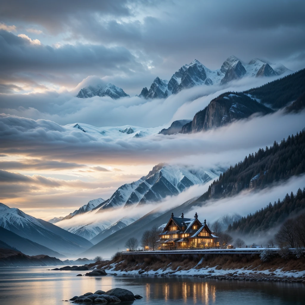 intricate detailed landscape, beautiful serene seaside villa, dramatic mountainous background, snow-capped peaks, misty atmosphere, cinematic lighting, vibrant colors, photorealistic, 8k, best quality, masterpiece