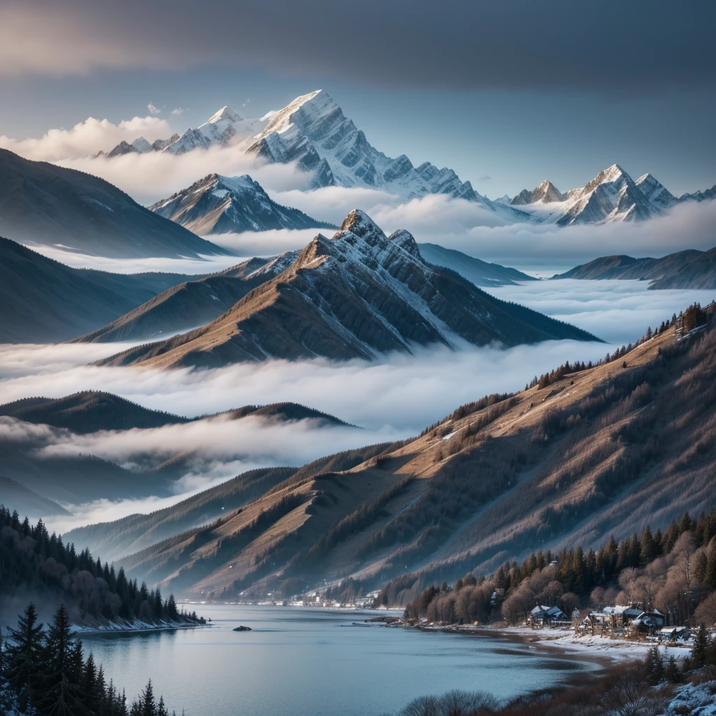 intricate detailed landscape, beautiful serene seaside villa, dramatic mountainous background, snow-capped peaks, misty atmosphere, cinematic lighting, vibrant colors, photorealistic, 8k, best quality, masterpiece