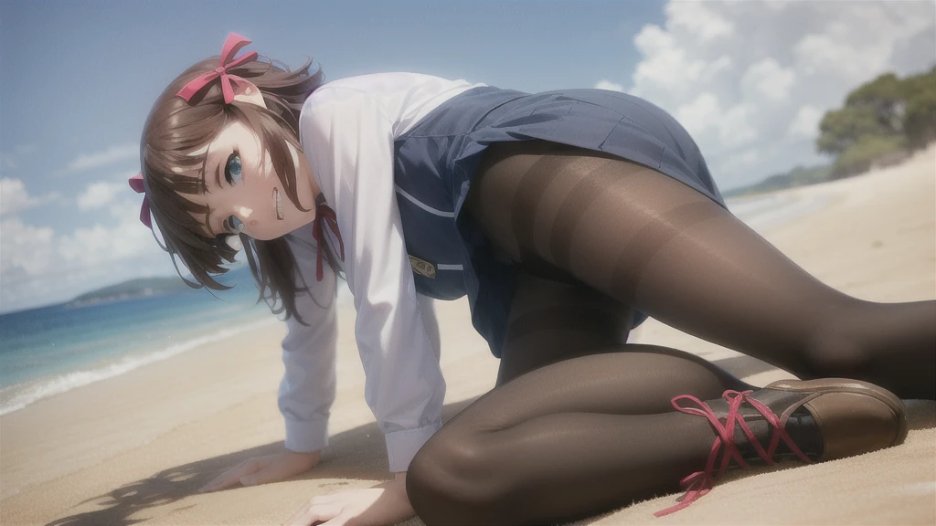 (((Pixel Perfect, Perfect in every detail))),alone,1人of女of子,Amami Haruka,red ribbons,View your viewers,smile,Happy,
Day,null,cumulus clouds,in spring,High resolution,colorful,Volumetric lighting,
depth_of_Field,alone_concentrated,depth of Field,Front view,whole body,
,skinny,thin,thin,(expensive:1.1),
,(blue dress),School_uniform,length_sleeve,shirt,dress,white_shirt,襟ed_shirt,head_ribbon,apron_dress,Best,(Lace-up_boots:1.1),(black_pantyhose:1.4),Panty lines,
Outdoor,Beach,
(Skin Dentition:1.4)
