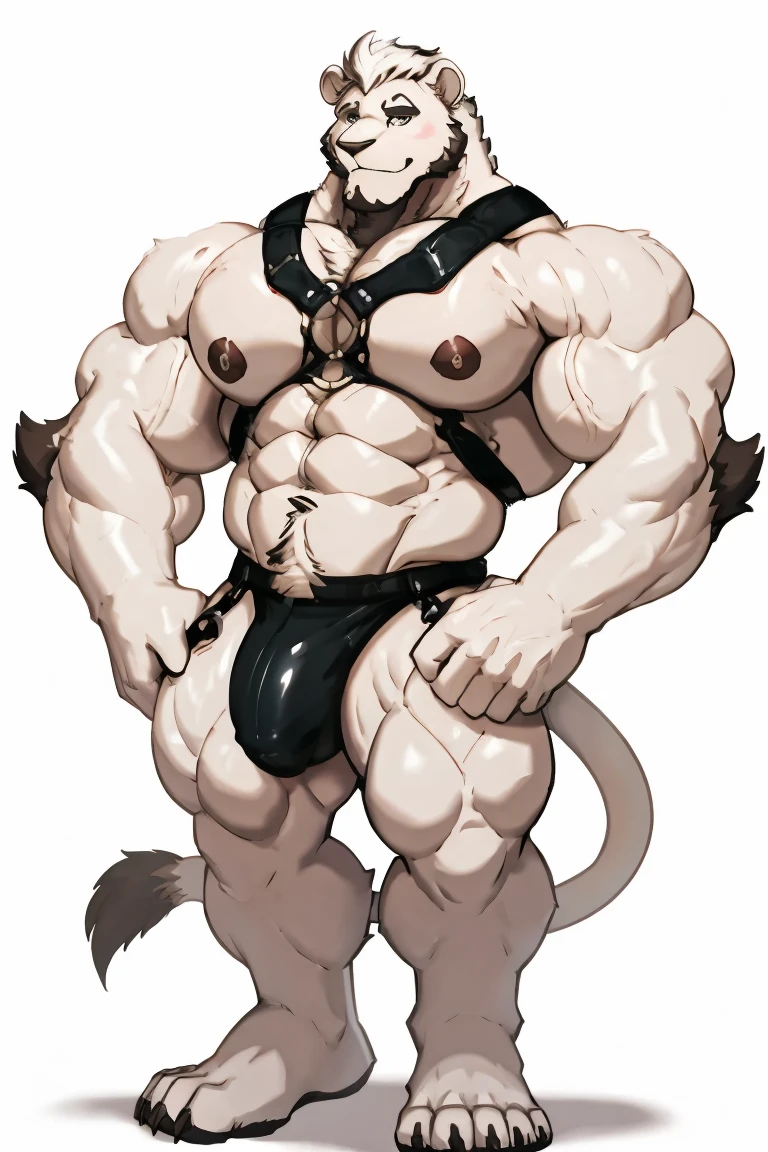 White Lion man, exaggeratedly muscular, detailed eyes, prominent and dilated veins, alpha male, huge pecs (huge: 2.5), sensual expression, nicebulge, gayharness, sexy pose, full body, (white background).