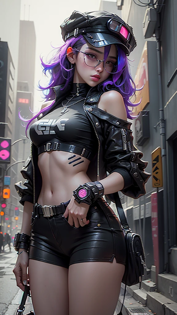 Beautiful woman medium hair, wearing cap, cyberpunk style short clothes