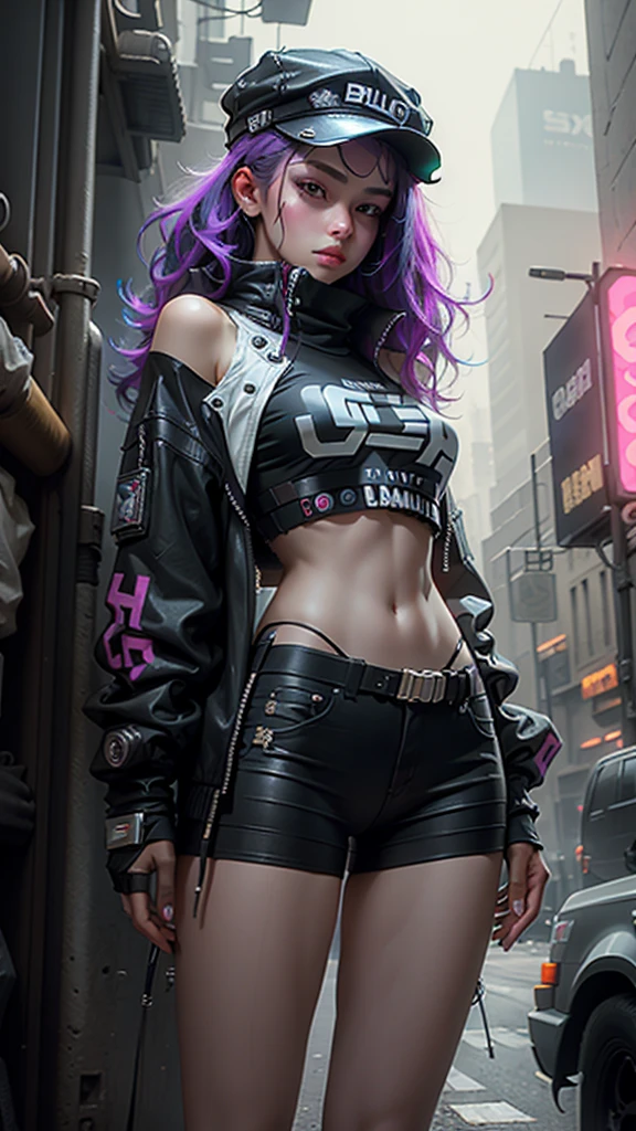 Beautiful woman medium hair, wearing cap, cyberpunk style short clothes