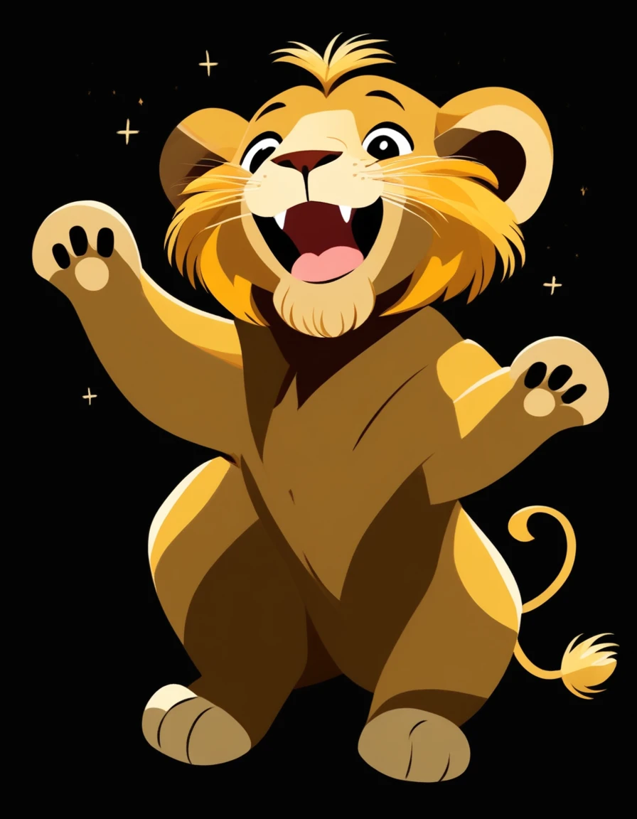 A little lion with its paws raised to the sky smiling, with a black background