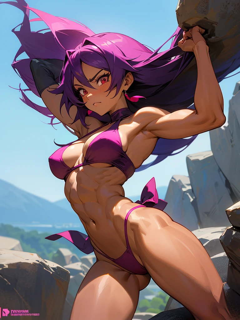 18 year old Yoruichi Shihöin from Bleach with tanned skin in a neon pink thong bikini flexing her muscles as she holds a bolder over her head to pridefully show off her rock hard abs on a mountain ledge, highly detailed