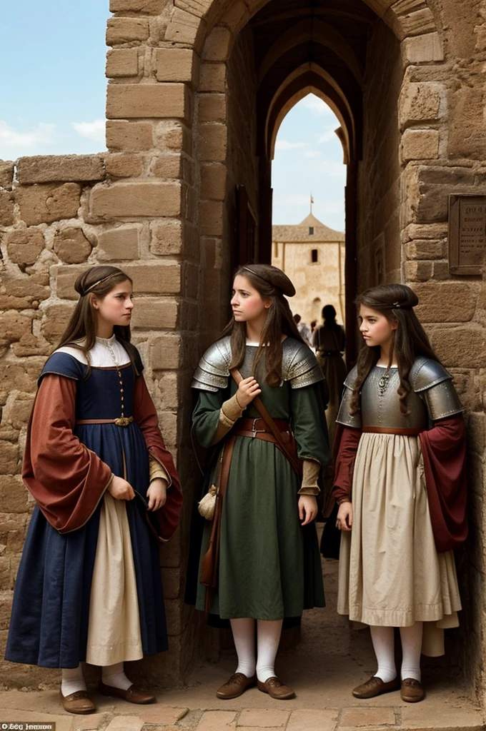 I want a drawing of 2 girls from the 1400s, soft,in a town where a group of Knights and a governor arrive in the style of that time and there are also a few people around as if contemplating the arrival. 