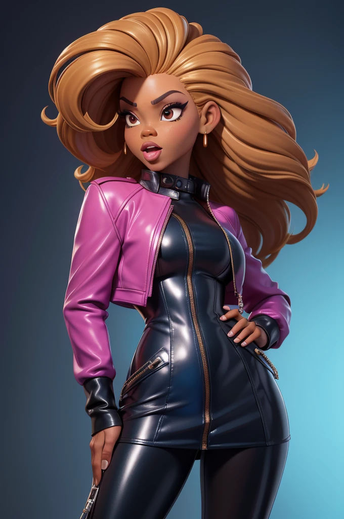 obra prima, melhor qualidade, ((only one woman,)) ((sunny hostin, dark skin, caramel kinky hair,)) head back, (frown, sassy wicked sultry sneer, open mouth, pucker mouth,) sunglasses, thick smoky black eye shadow, long fake eyelashes, sticking tongue out, ((magenta leather jacket with puff shoulder,)) biker jacket has stiff collar, leather blouse, ((gold silver leather sweater dress, metallic leather sun dress, leather culottes,)) periwinkle blazer length leather coat, ((cerulean blue pvc skirt, pockets, zipper side,)) studs zippers snaps, shiny leather gloves, nip slip, body is skinny, shiny tight buttocks, arched back, camera view of whole body, looking up at me, shallow depth of field, highres, HD, 8k, anatomically correct