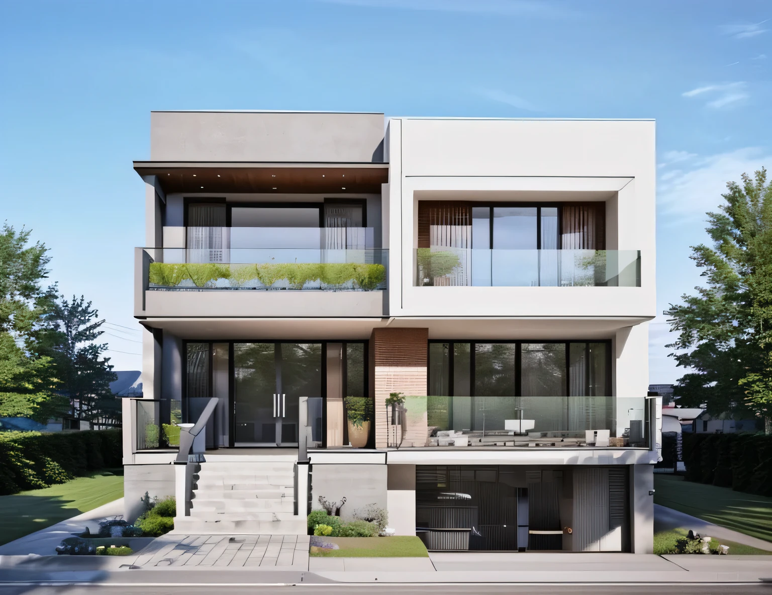 (Stunning residence) architecture, modern house design, brick title decor on the front face, seamless integration with nature, floor-to-ceiling windows, open concept living spaces, minimalist aesthetics, natural lighting, sleek finishes, panoramic landscape, sidewalk and street in front of the house, real human model